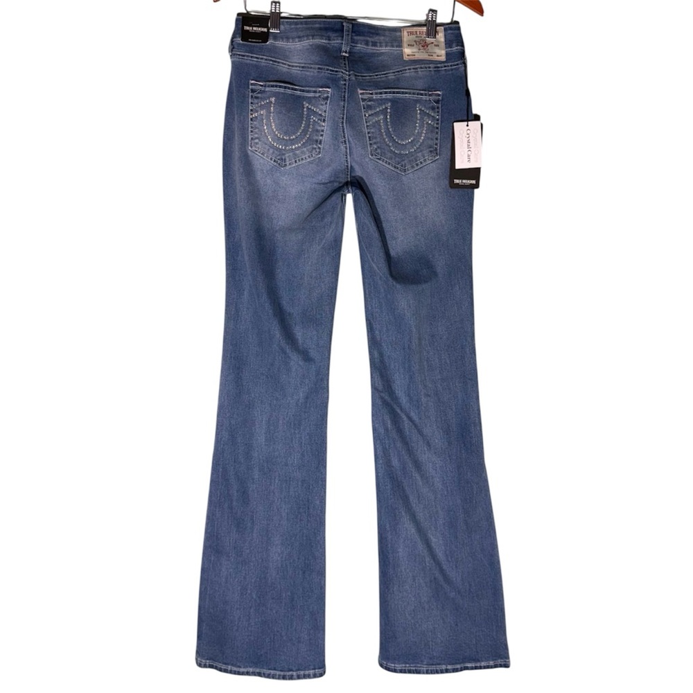 NEW True Religion Becca Crystal Horseshoe Mid Rise Bootcut Jeans in Light Wash
